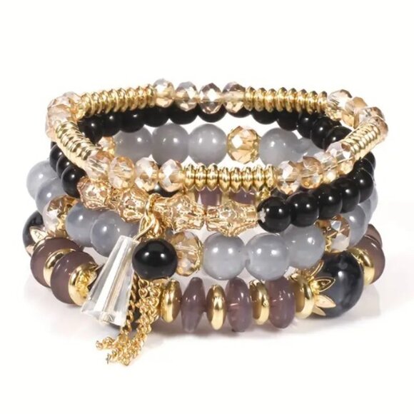✨NEW✨ Crystal Beaded Bohemian 4pc Bracelet Set - Black/Gold and Rose/Gold - Picture 2 of 6